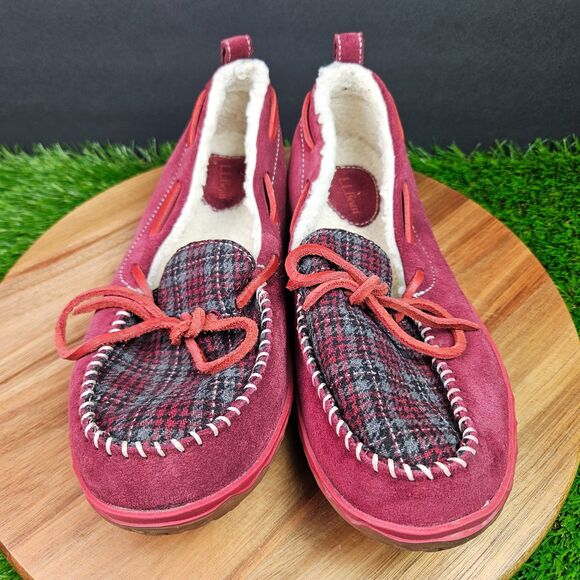 LL Bean Mountain Slippers Womens Size 9 M Red Suede Shearling Lined Moc Toe Shoe - Picture 6 of 11